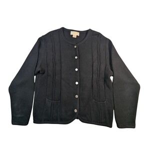 Tally Ho Womens Black Cable Knit Cardigan Sweater Button Front Size M